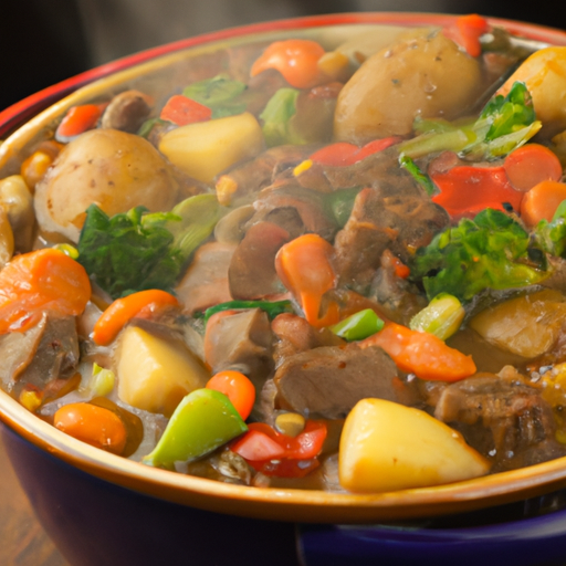 A steaming bowl of hearty Dutch oven stew, filled with tender chunks of meat and colorful vegetables.